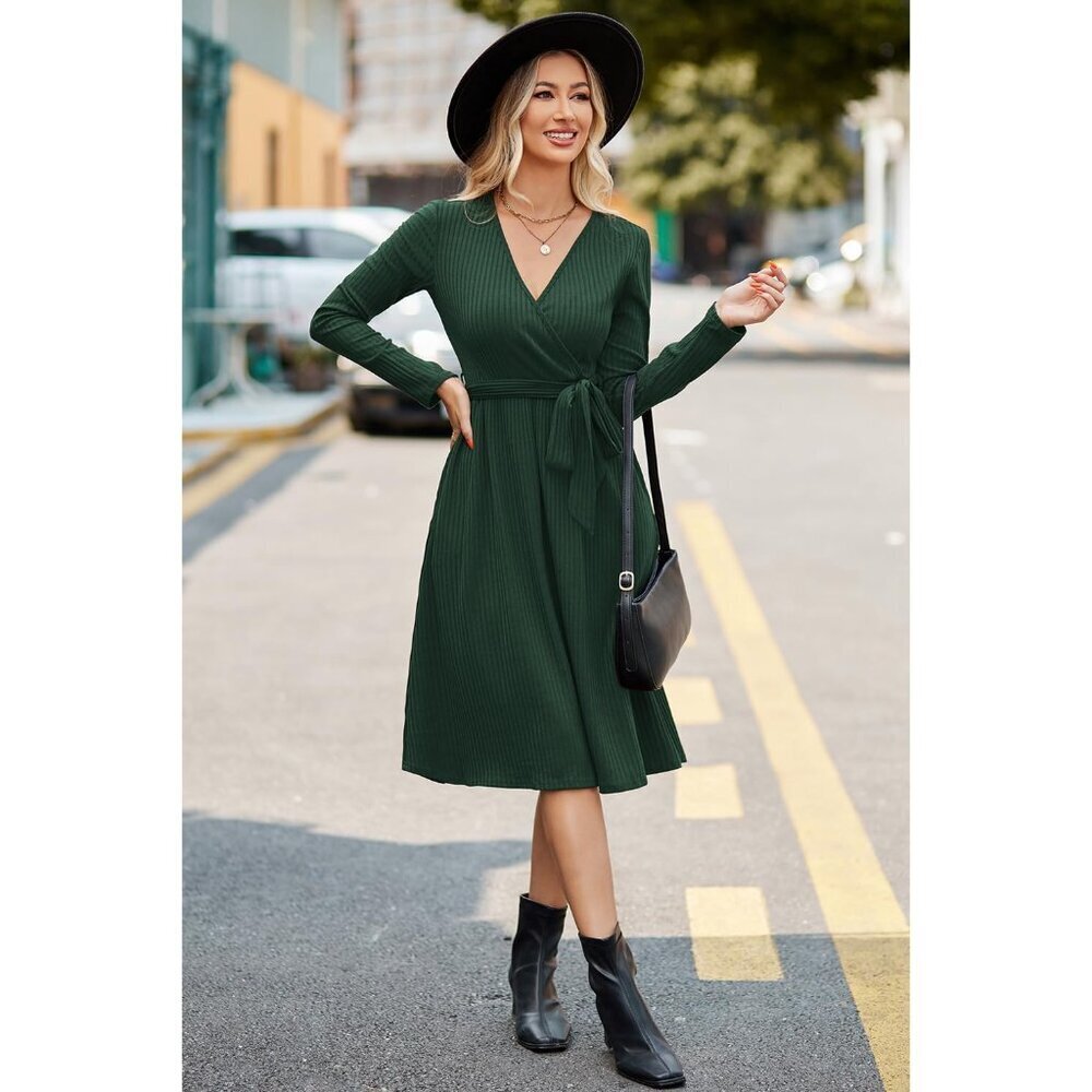 Women's Knit Fall Dress X-Large V-Neck Belt Long Sleeve Business Casual - Picture 4 of 8